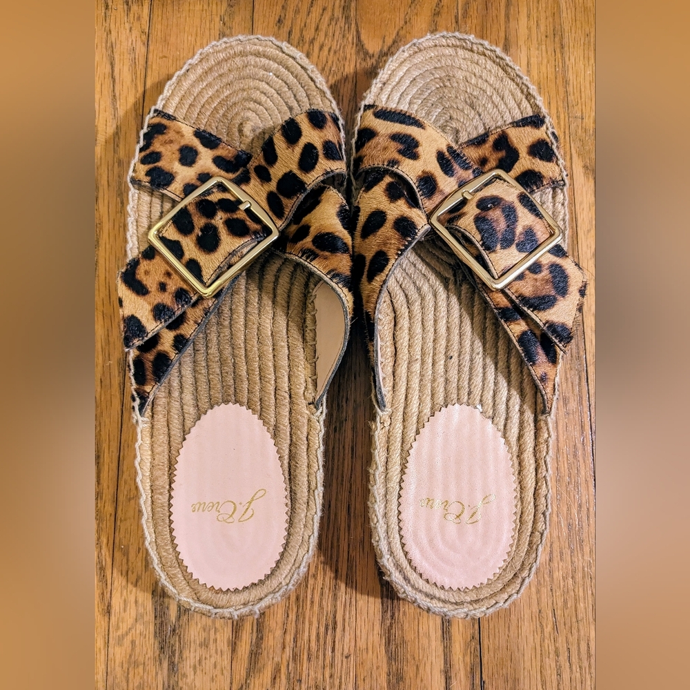 J. Crew Leopard Print Calf Hair Cross Strap Espadrille Slide Sandals sz …